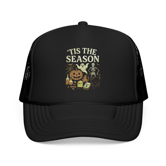 ‘Tis the Season Halloween T‑Shirt | Vintage Spooky Season Shirt with Ghost, Skeleton & Pumpkin | Retro Halloween Graphic Tee for Fall Trucker Hat Embroidered