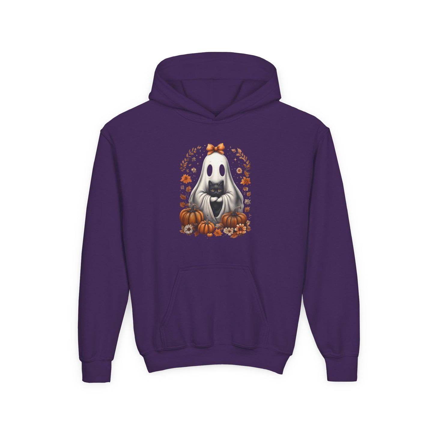 Cute Ghost and Black Cat Halloween T-Shirt | Cozy Fall Pumpkin Shirt | Spooky Season Aesthetic Apparel Gift for Halloween Lovers Kids Hoodie