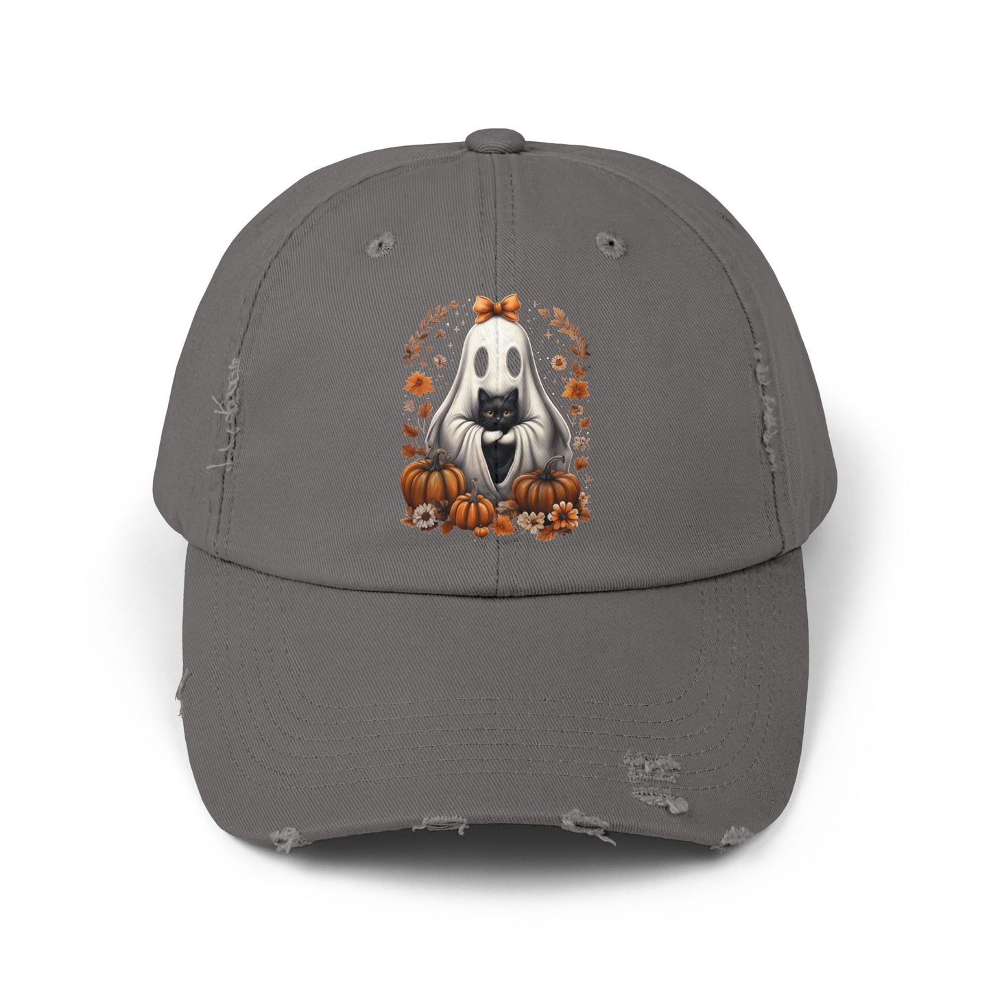 Cute Ghost and Black Cat Halloween T-Shirt | Cozy Fall Pumpkin Shirt | Spooky Season Aesthetic Apparel Gift for Halloween Lovers Distressed cap