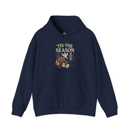 ‘Tis the Season Halloween T‑Shirt | Vintage Spooky Season Shirt with Ghost, Skeleton & Pumpkin | Retro Halloween Graphic Tee for Fall
