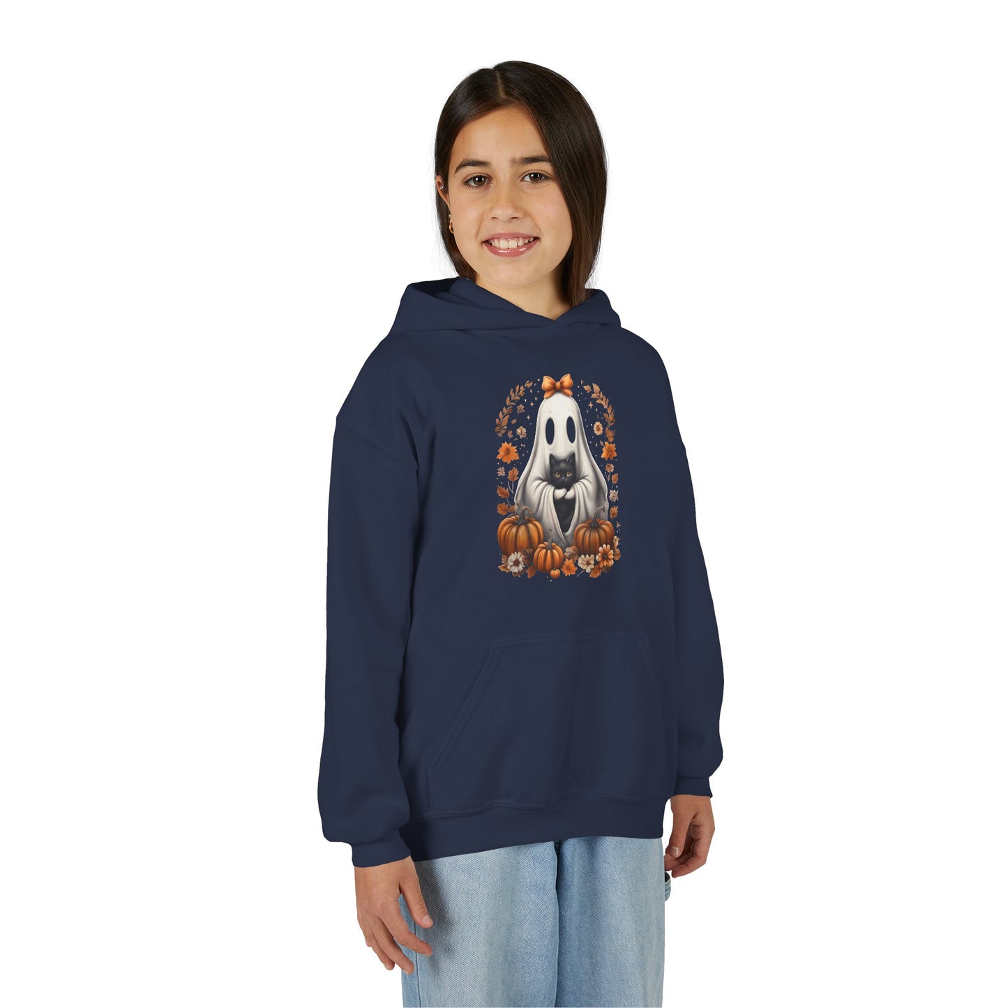 Cute Ghost and Black Cat Halloween T-Shirt | Cozy Fall Pumpkin Shirt | Spooky Season Aesthetic Apparel Gift for Halloween Lovers Kids Hoodie