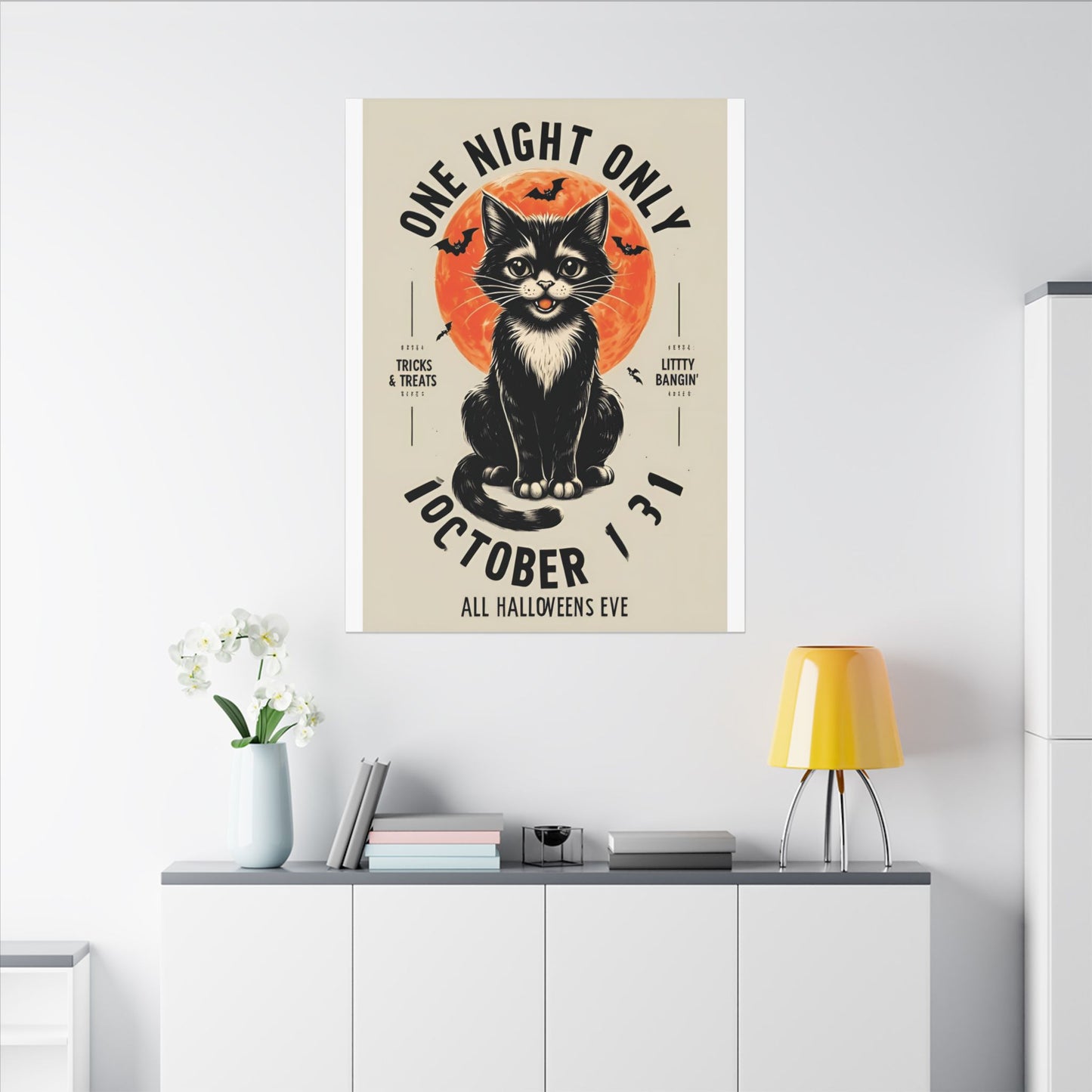 Halloween Black Cat Design | One Night Only October 31 Vintage Artwork Canvas Print