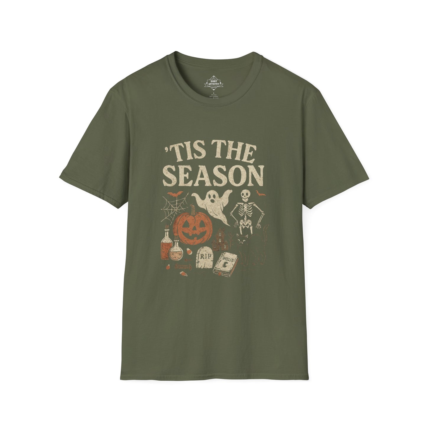 ‘Tis the Season Halloween T‑Shirt | Vintage Spooky Season Shirt with Ghost, Skeleton & Pumpkin | Retro Halloween Graphic Tee for Fall