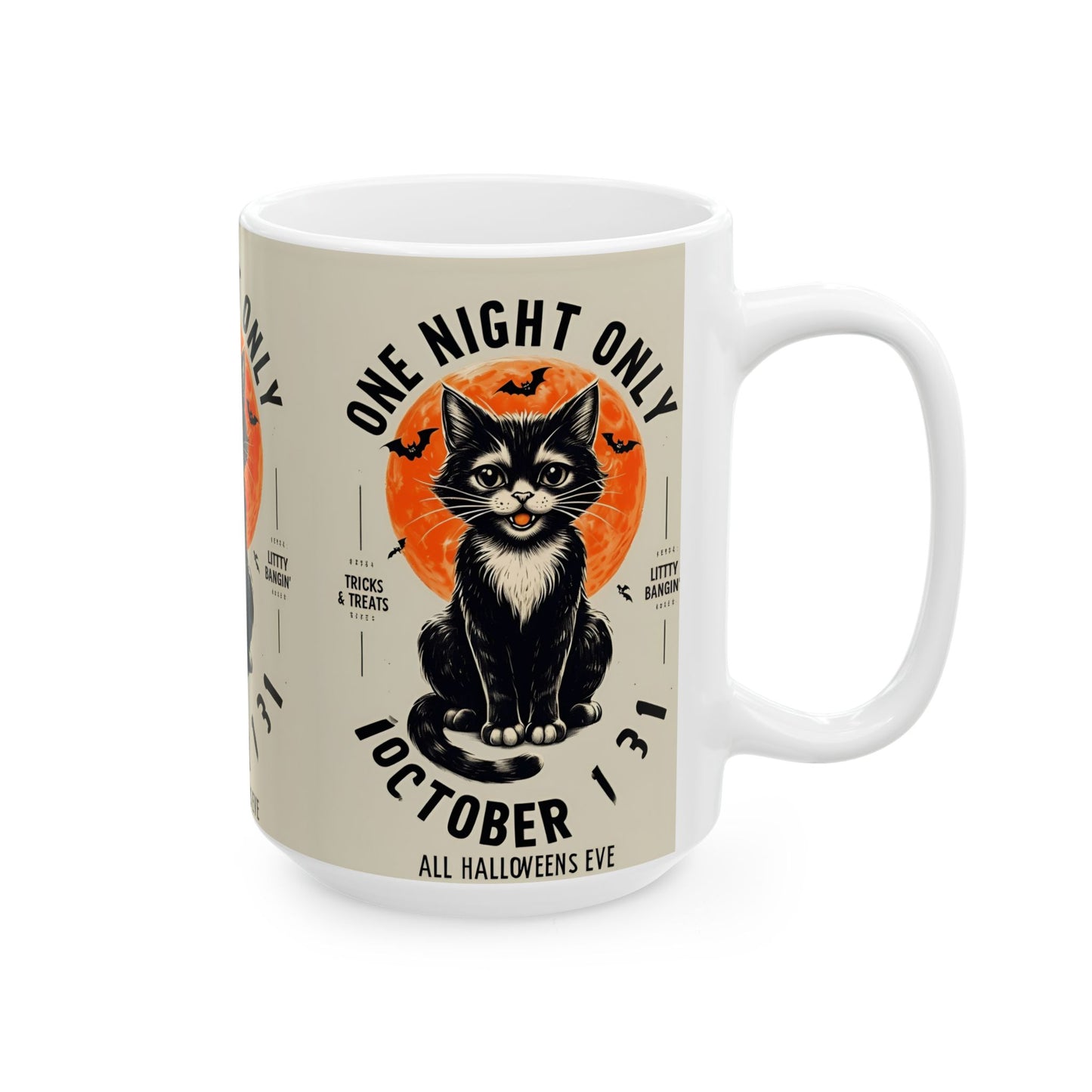Halloween Black Cat Design | One Night Only October 31 Vintage Artwork Ceramic Mug