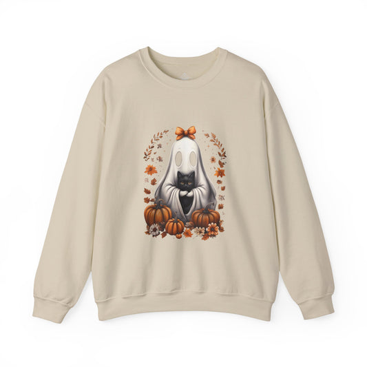 Cute Ghost and Black Cat Halloween T-Shirt | Cozy Fall Pumpkin Shirt | Spooky Season Aesthetic Apparel Gift for Halloween Lovers