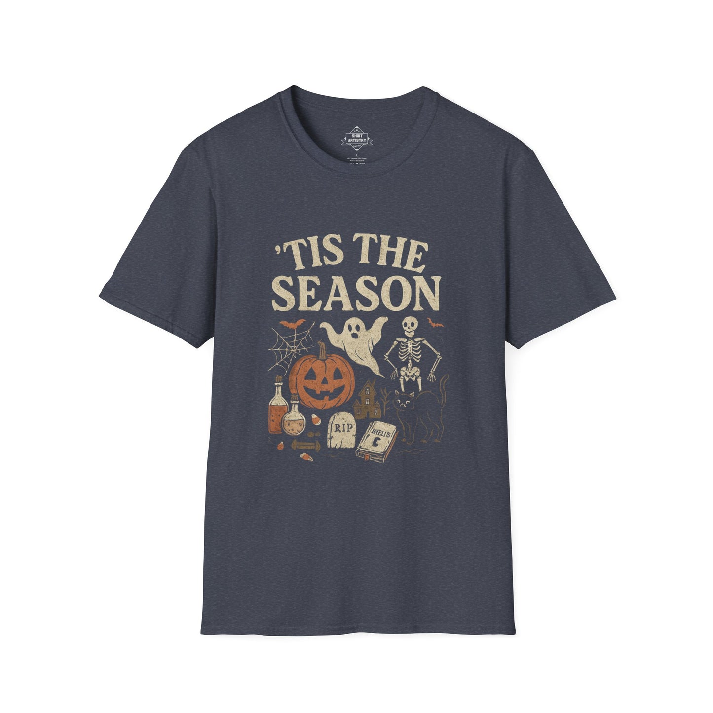 ‘Tis the Season Halloween T‑Shirt | Vintage Spooky Season Shirt with Ghost, Skeleton & Pumpkin | Retro Halloween Graphic Tee for Fall