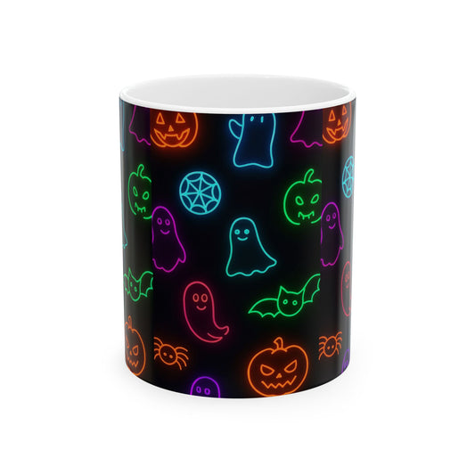 Neon Halloween Pattern | Cute Ghosts, Pumpkins & Bats Glow Design Ceramic Mug