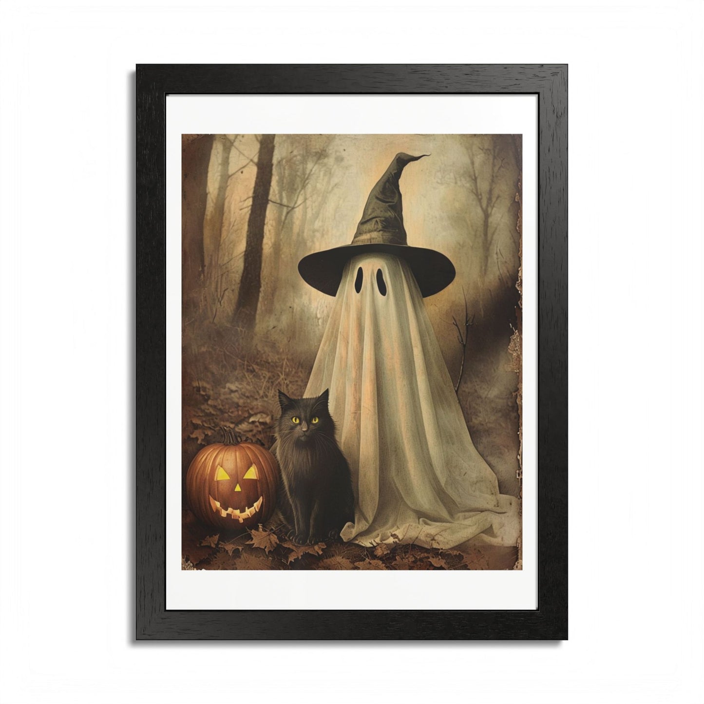 Halloween Framed Poster, Ghost and Cat Art, Spooky Home Decor, Fall Decoration, Trick or Treat, Halloween Wall Art, Framed Print