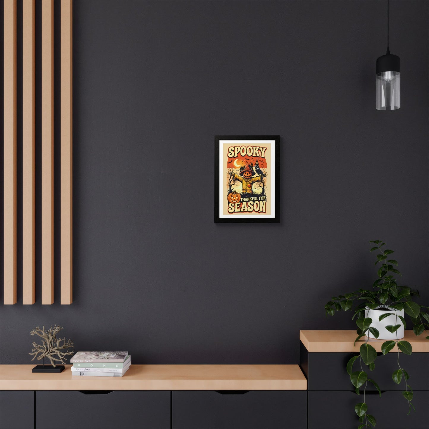 Spooky Thankful for the Season Wall Art – Halloween Pumpkin Scarecrow Poster | Autumn Fall Décor Framed Print