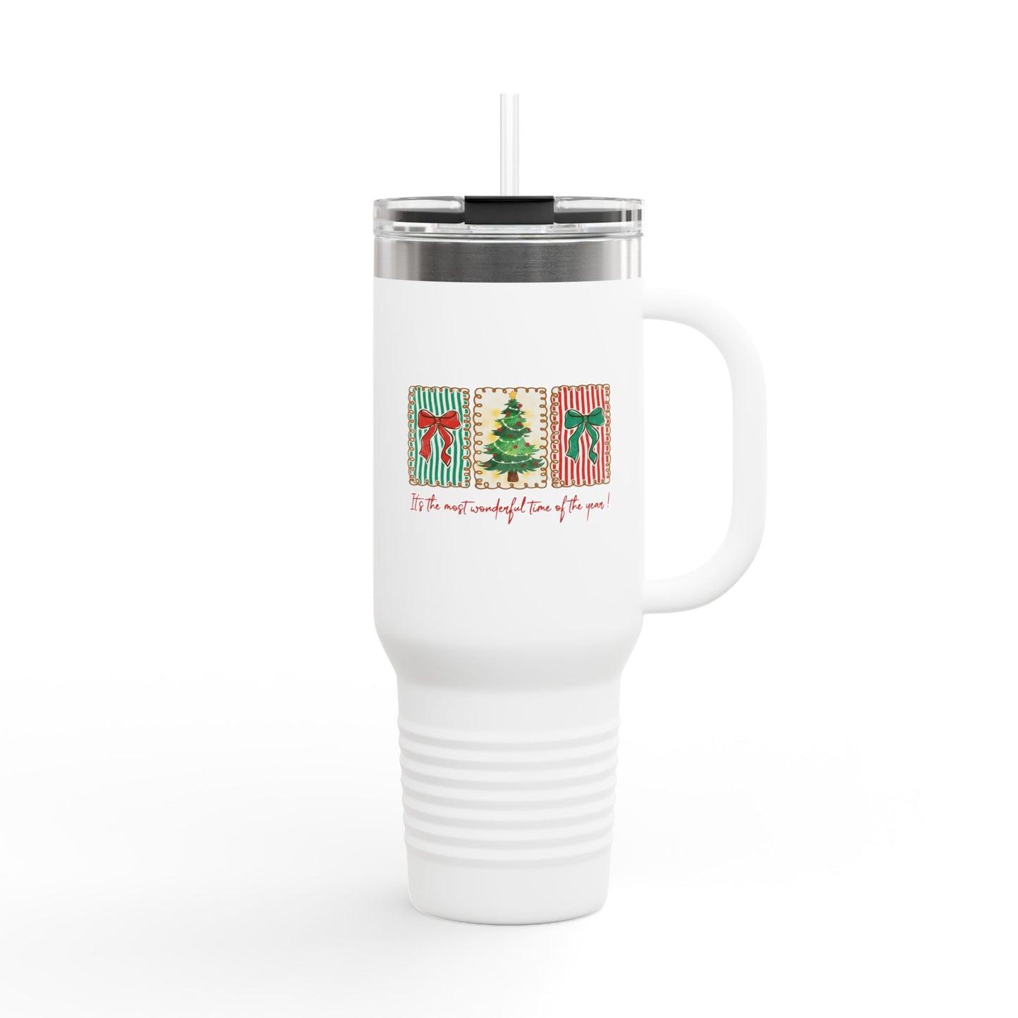 Festive Christmas Tree & Bow Design | It’s the Most Wonderful Time of the Year – Holiday Shirt, Mug, Tote & Home Decor Travel Mug