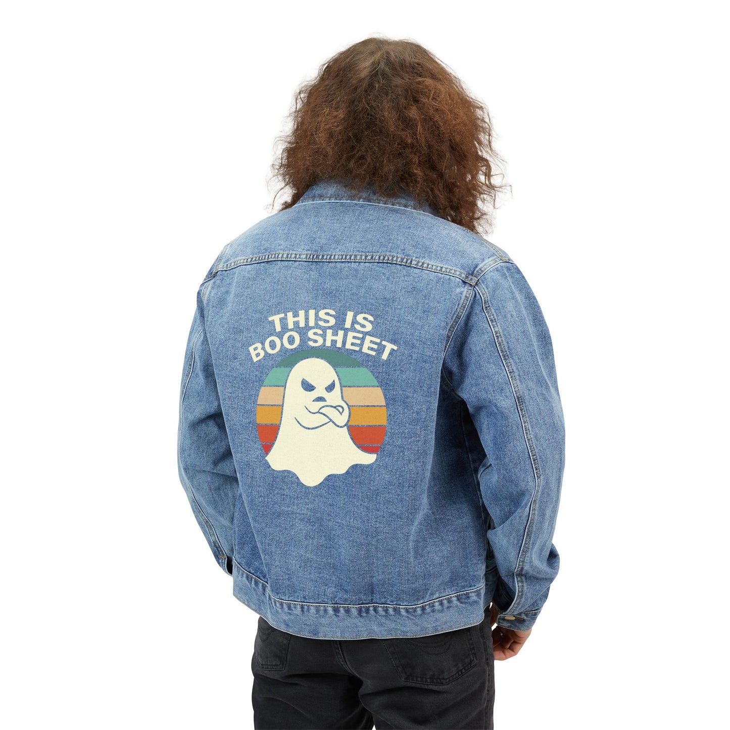 Men's Graphic Denim Jacket, Trendy Casual Outerwear, Vintage Style, Ghost-Themed Gift, Halloween Apparel, Everyday Jacket