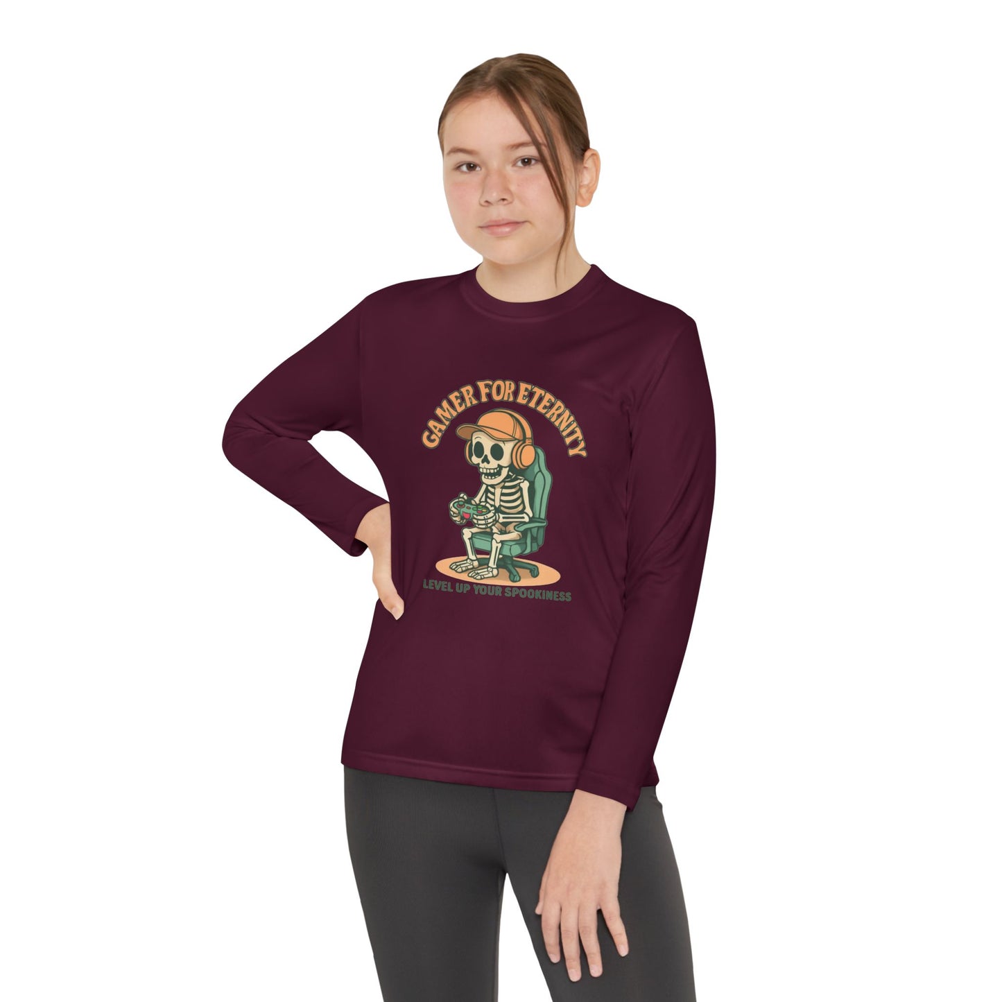 Youth Long Sleeve Gamer Tee | Spooky Skeleton Theme, Perfect for Halloween or Gaming Events, Kids Graphic Shirt, Unisex Casual Wear, Kids Long Sleeves