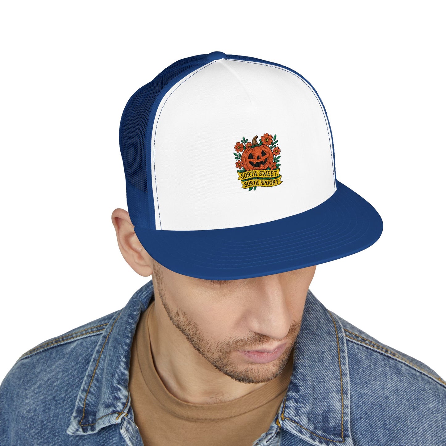 Cute Pumpkin Design – Sorta Sweet, Sorta Spooky Halloween Artwork 5 Panel Trucker