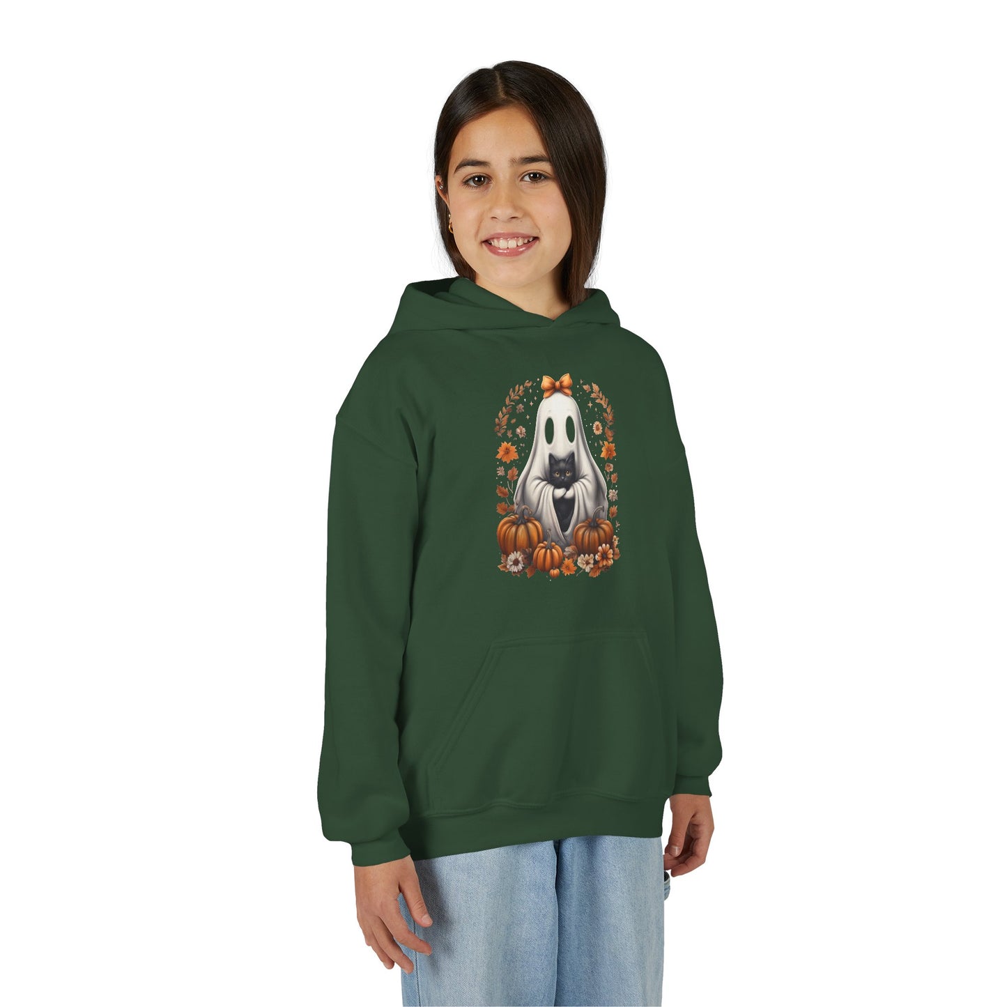 Cute Ghost and Black Cat Halloween T-Shirt | Cozy Fall Pumpkin Shirt | Spooky Season Aesthetic Apparel Gift for Halloween Lovers Kids Hoodie