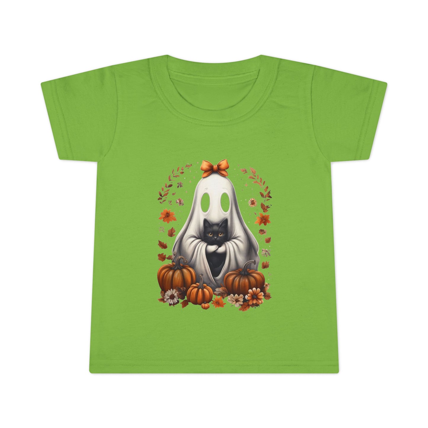 Cute Ghost and Black Cat Halloween T-Shirt | Cozy Fall Pumpkin Shirt | Spooky Season Aesthetic Apparel Gift for Halloween Lovers Toddler T-Shirt