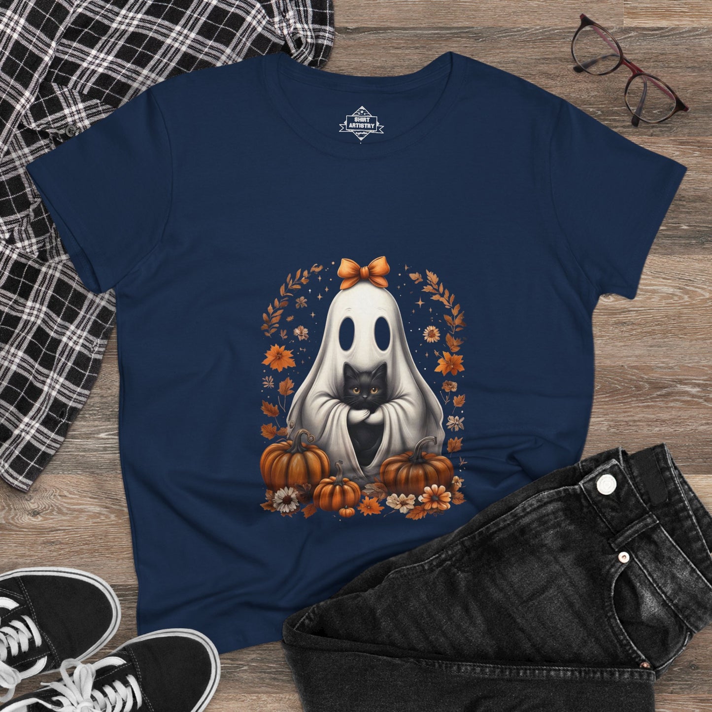 Cute Ghost and Black Cat Halloween T-Shirt | Cozy Fall Pumpkin Shirt | Spooky Season Aesthetic Apparel Gift for Halloween Lovers