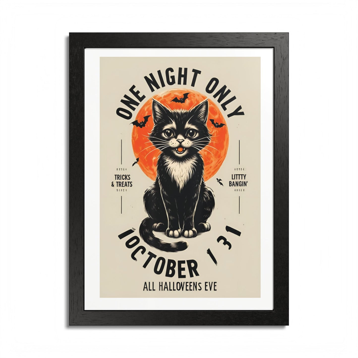 Halloween Black Cat Design | One Night Only October 31 Vintage Artwork Framed Print
