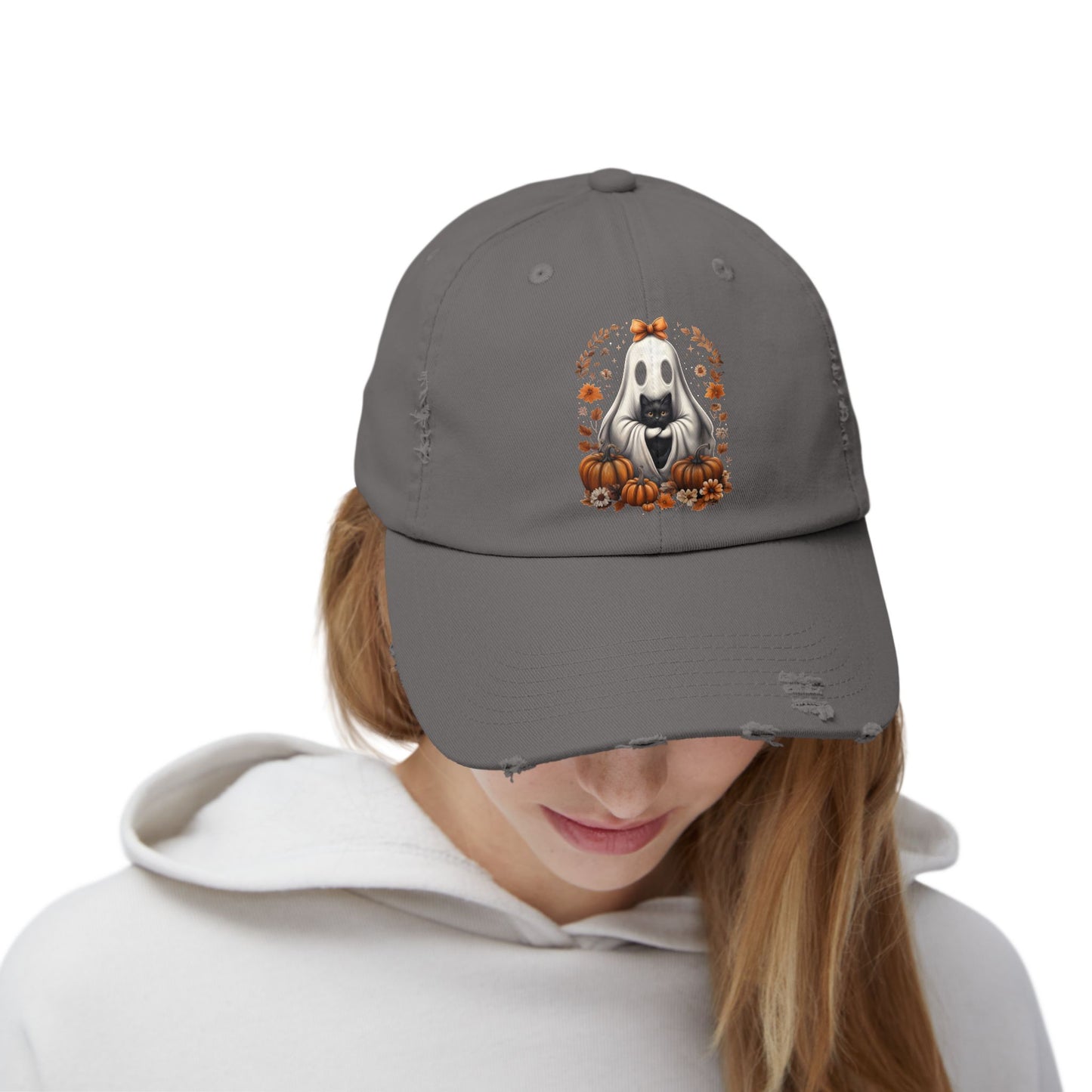 Cute Ghost and Black Cat Halloween T-Shirt | Cozy Fall Pumpkin Shirt | Spooky Season Aesthetic Apparel Gift for Halloween Lovers Distressed cap