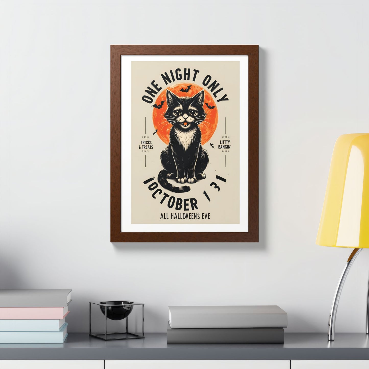Halloween Black Cat Design | One Night Only October 31 Vintage Artwork Framed Print