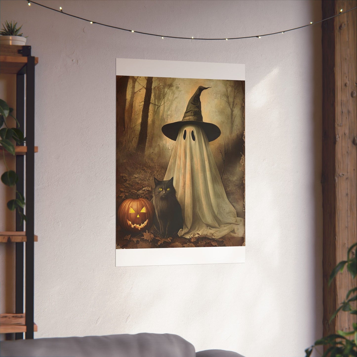 Halloween Ghost and Cat Matte Vertical Posters, Spooky Home Decor, Fall Art Print, Seasonal Wall Art, Halloween Decor, Poster