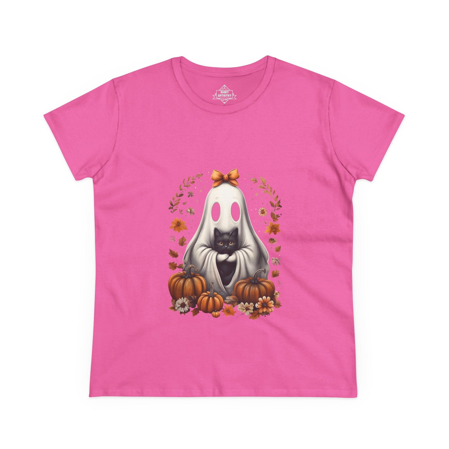 Cute Ghost and Black Cat Halloween T-Shirt | Cozy Fall Pumpkin Shirt | Spooky Season Aesthetic Apparel Gift for Halloween Lovers