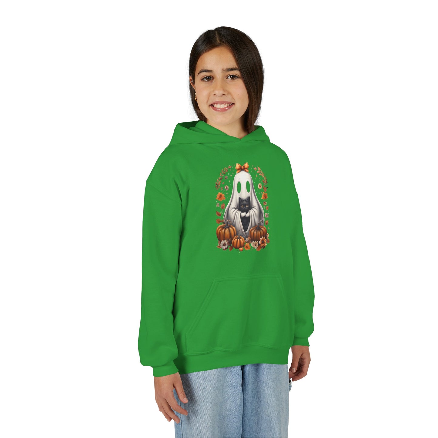 Cute Ghost and Black Cat Halloween T-Shirt | Cozy Fall Pumpkin Shirt | Spooky Season Aesthetic Apparel Gift for Halloween Lovers Kids Hoodie