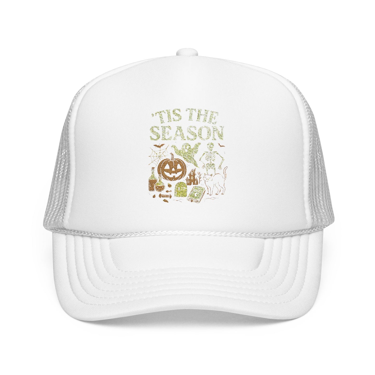 ‘Tis the Season Halloween T‑Shirt | Vintage Spooky Season Shirt with Ghost, Skeleton & Pumpkin | Retro Halloween Graphic Tee for Fall Trucker Hat Embroidered