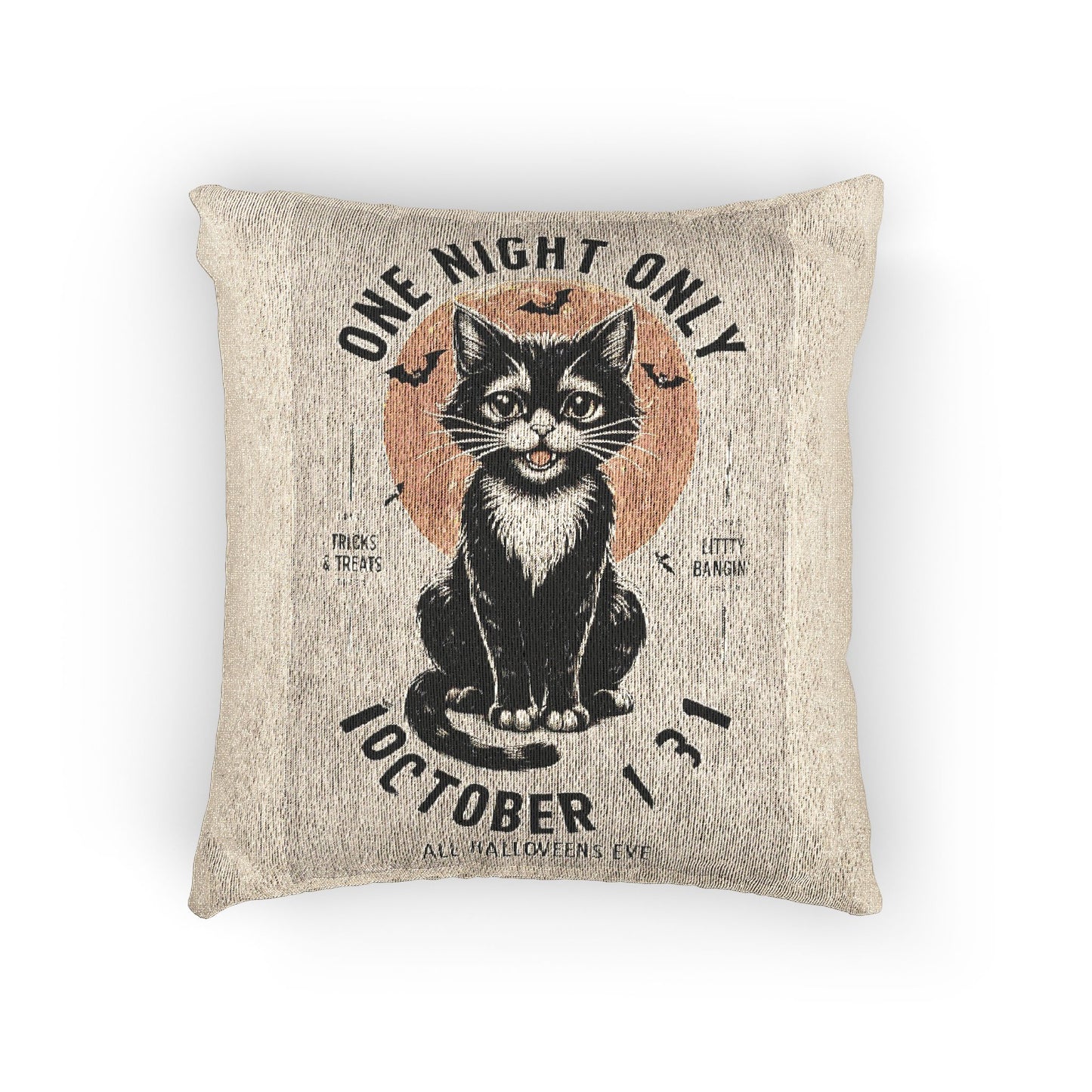 Halloween Black Cat Design | One Night Only October 31 Vintage Artwork Throw Pillow
