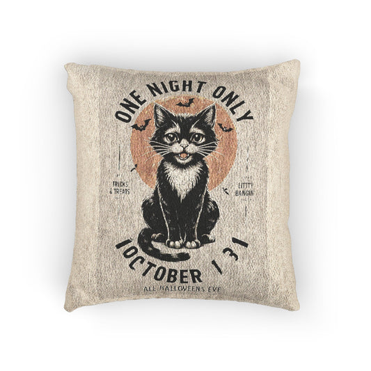 Halloween Black Cat Design | One Night Only October 31 Vintage Artwork Throw Pillow