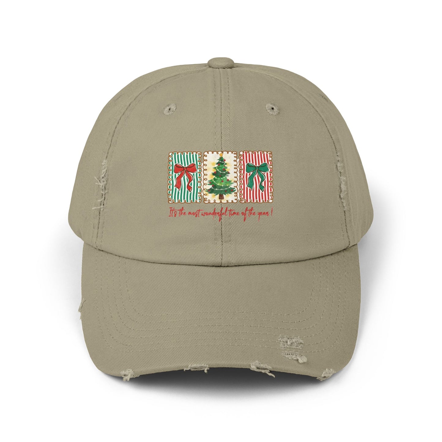 Festive Christmas Tree & Bow Design | It’s the Most Wonderful Time of the Year – Holiday Shirt, Mug, Tote & Home Decor Distressed cap
