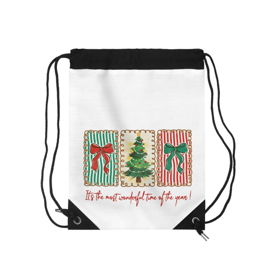 Festive Christmas Tree & Bow Design | It’s the Most Wonderful Time of the Year – Holiday Shirt, Mug, Tote & Home Decor Drawstring Bags
