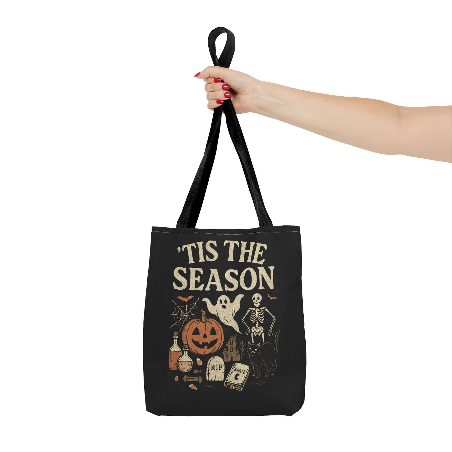 'Tis the Season Halloween Tote Bag, Spooky Bag, Trick or Treat Bag, Autumn Accessories, Ghost & Pumpkin Design Tote Bags