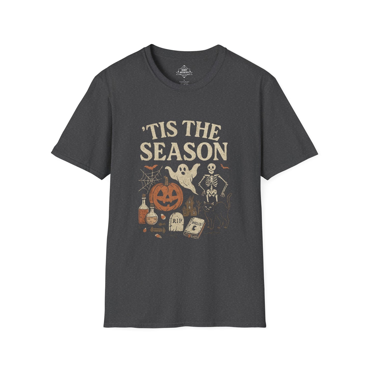‘Tis the Season Halloween T‑Shirt | Vintage Spooky Season Shirt with Ghost, Skeleton & Pumpkin | Retro Halloween Graphic Tee for Fall