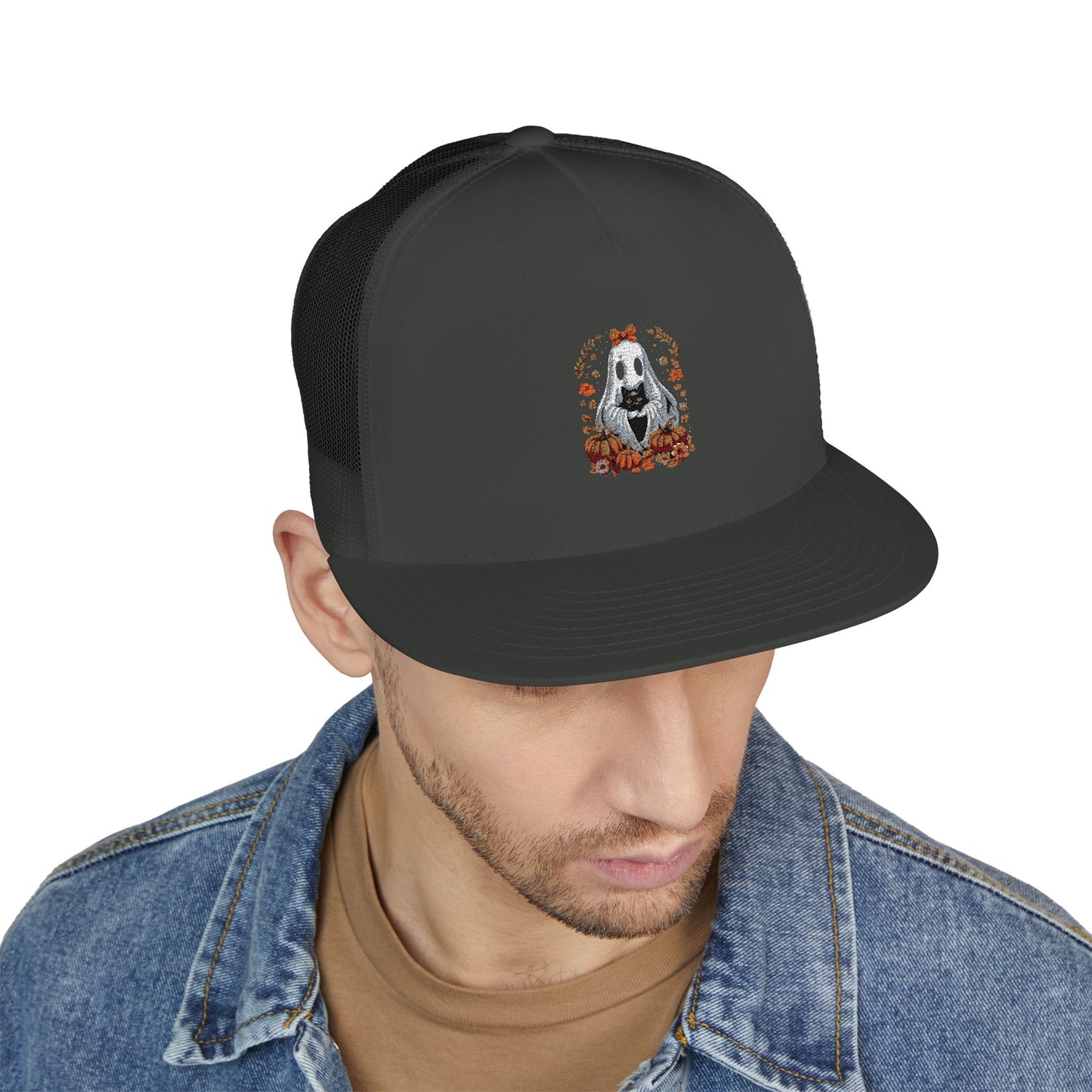 Cute Ghost and Black Cat Halloween T-Shirt | Cozy Fall Pumpkin Shirt | Spooky Season Aesthetic Apparel Gift for Halloween Lovers 5 Panel Trucker