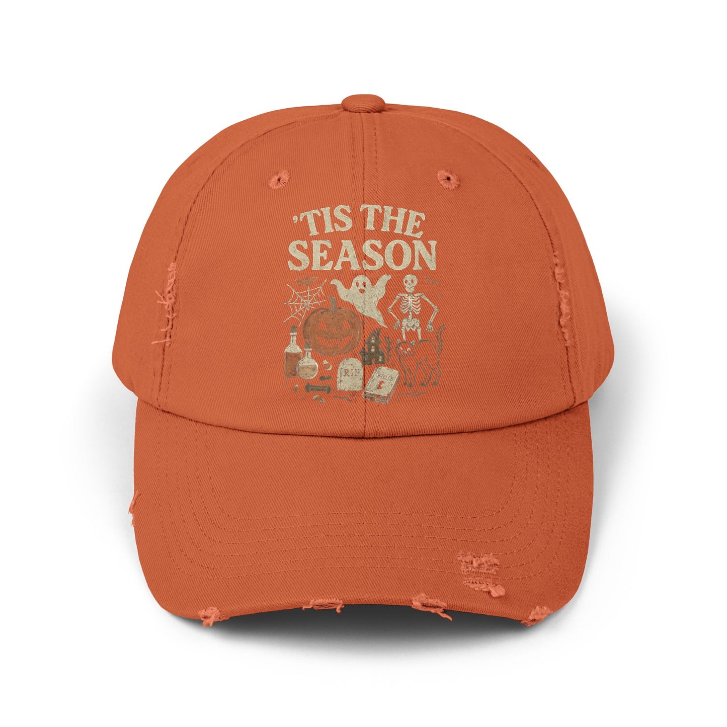 ‘Tis the Season Halloween  | Vintage Spooky Season Shirt with Ghost, Skeleton & Pumpkin | Retro Halloween Graphic Tee for Fall Distressed cap