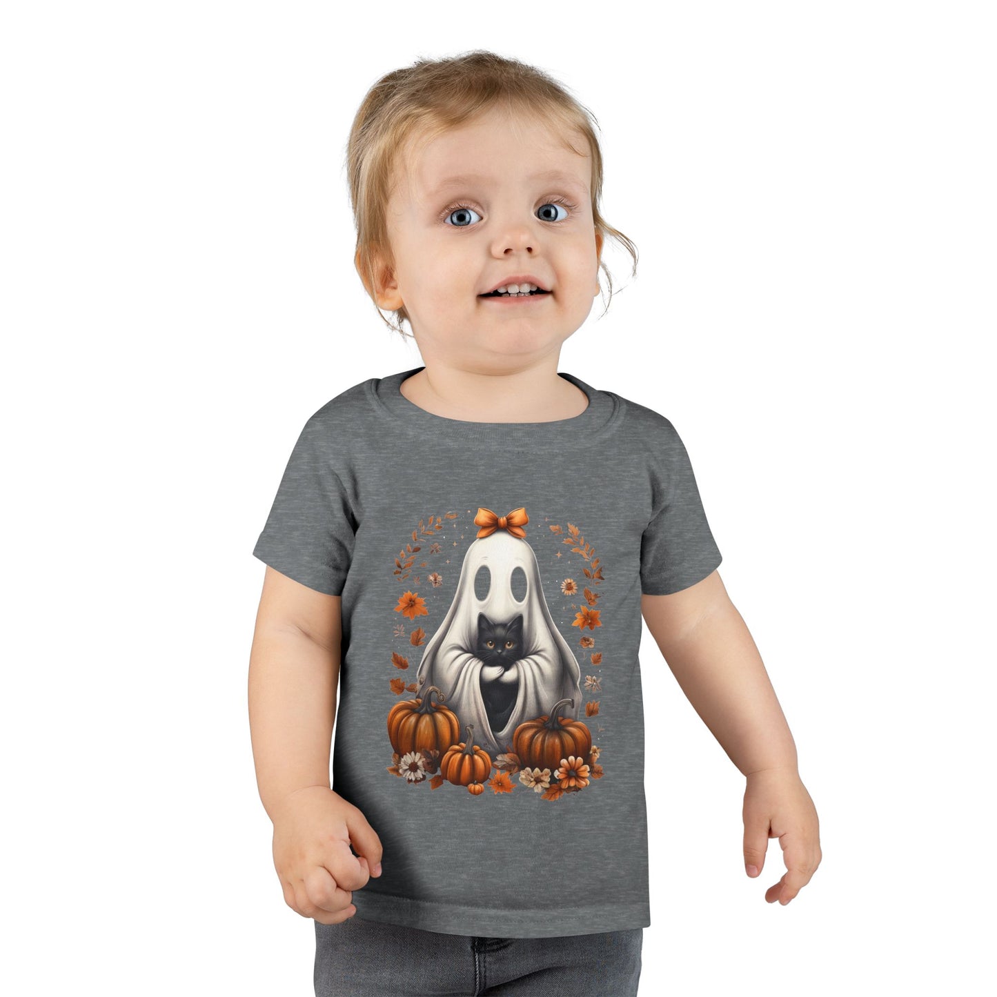 Cute Ghost and Black Cat Halloween T-Shirt | Cozy Fall Pumpkin Shirt | Spooky Season Aesthetic Apparel Gift for Halloween Lovers Toddler T-Shirt