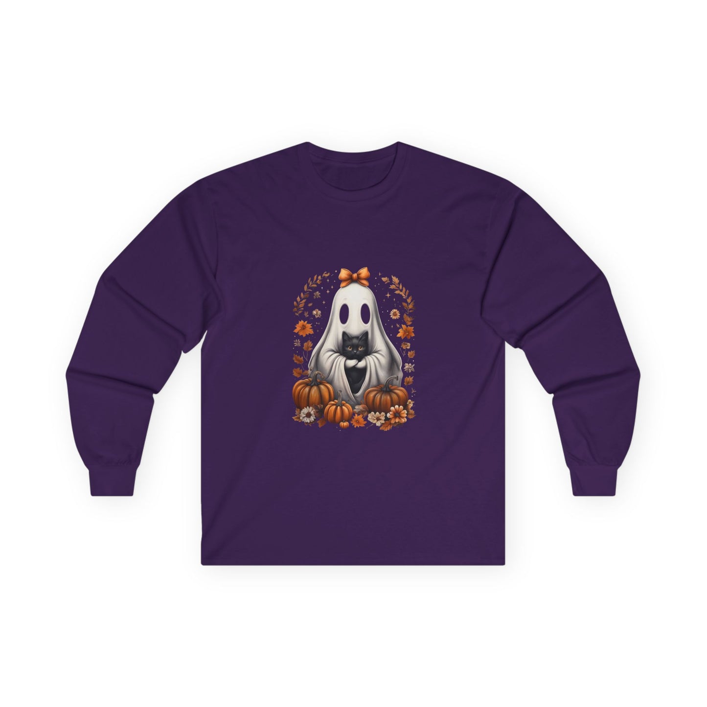 Cute Ghost and Black Cat Halloween T-Shirt | Cozy Fall Pumpkin Shirt | Spooky Season Aesthetic Apparel Gift for Halloween Lovers