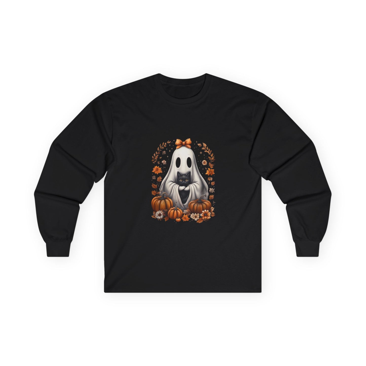 Cute Ghost and Black Cat Halloween T-Shirt | Cozy Fall Pumpkin Shirt | Spooky Season Aesthetic Apparel Gift for Halloween Lovers