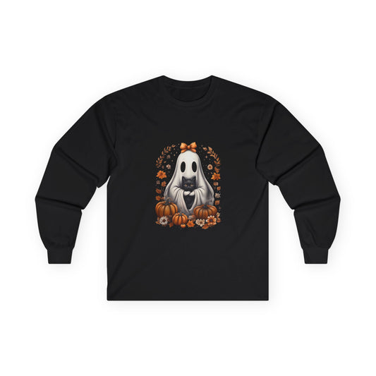 Cute Ghost and Black Cat Halloween T-Shirt | Cozy Fall Pumpkin Shirt | Spooky Season Aesthetic Apparel Gift for Halloween Lovers