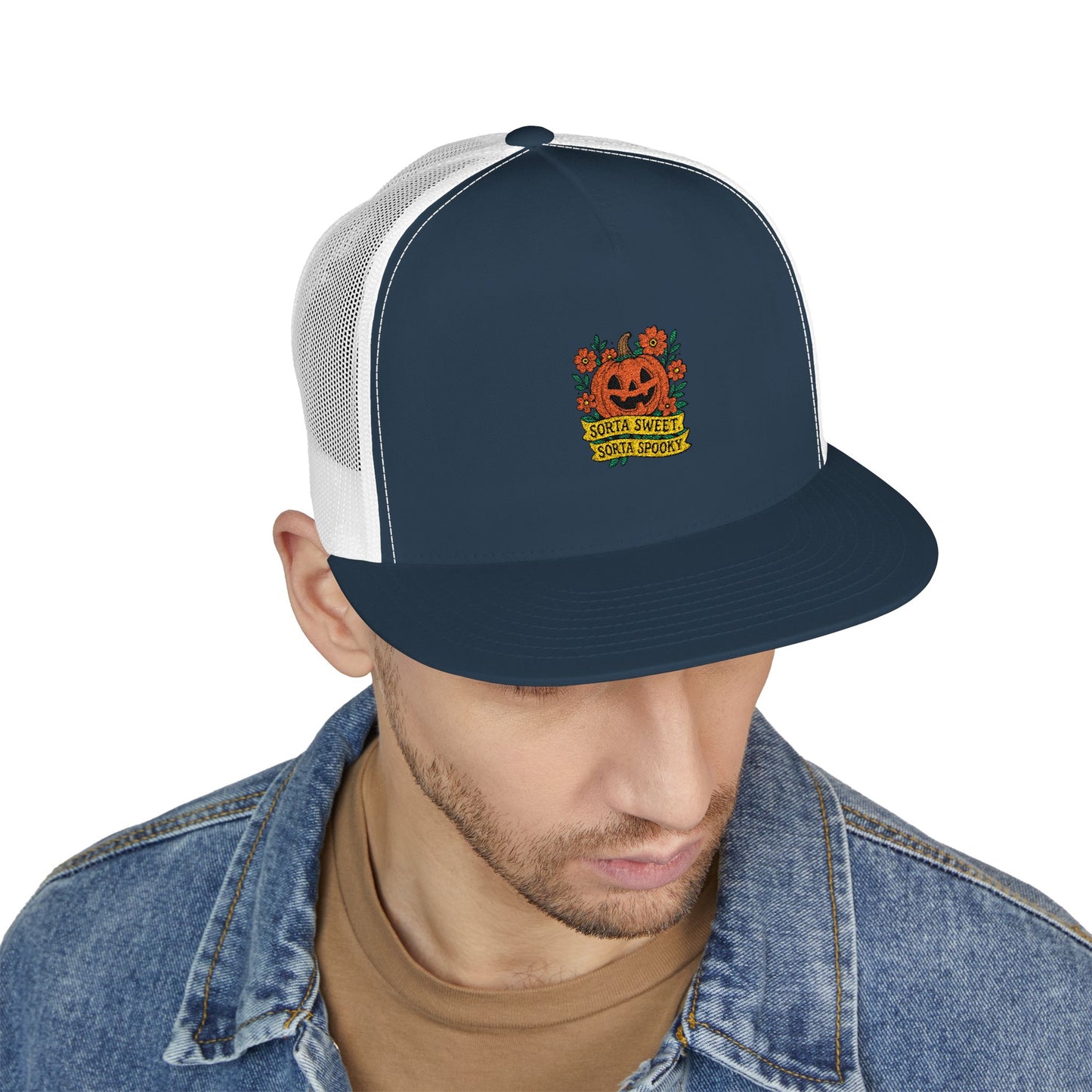 Cute Pumpkin Design – Sorta Sweet, Sorta Spooky Halloween Artwork 5 Panel Trucker