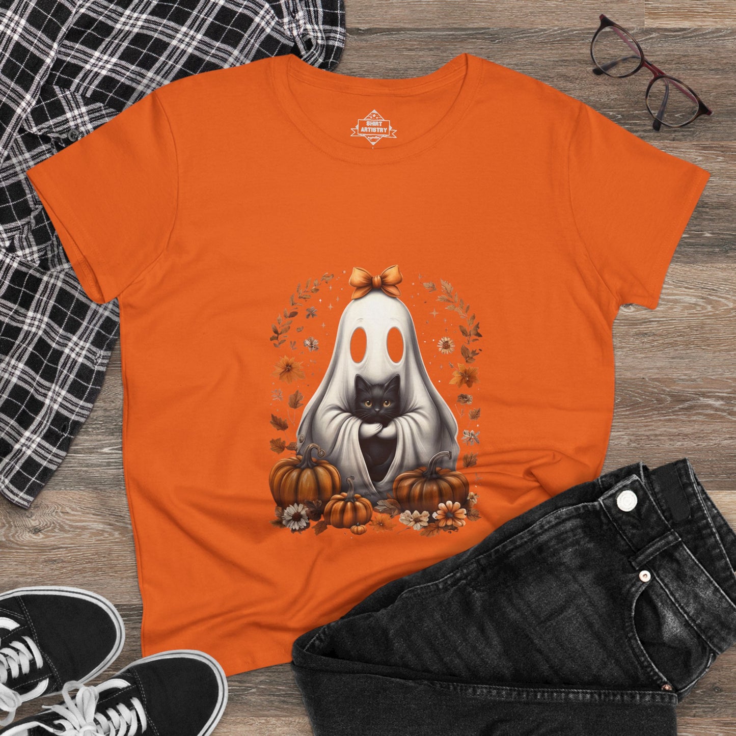 Cute Ghost and Black Cat Halloween T-Shirt | Cozy Fall Pumpkin Shirt | Spooky Season Aesthetic Apparel Gift for Halloween Lovers