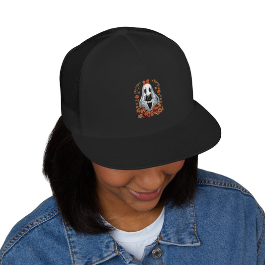 Cute Ghost and Black Cat Halloween T-Shirt | Cozy Fall Pumpkin Shirt | Spooky Season Aesthetic Apparel Gift for Halloween Lovers 5 Panel Trucker