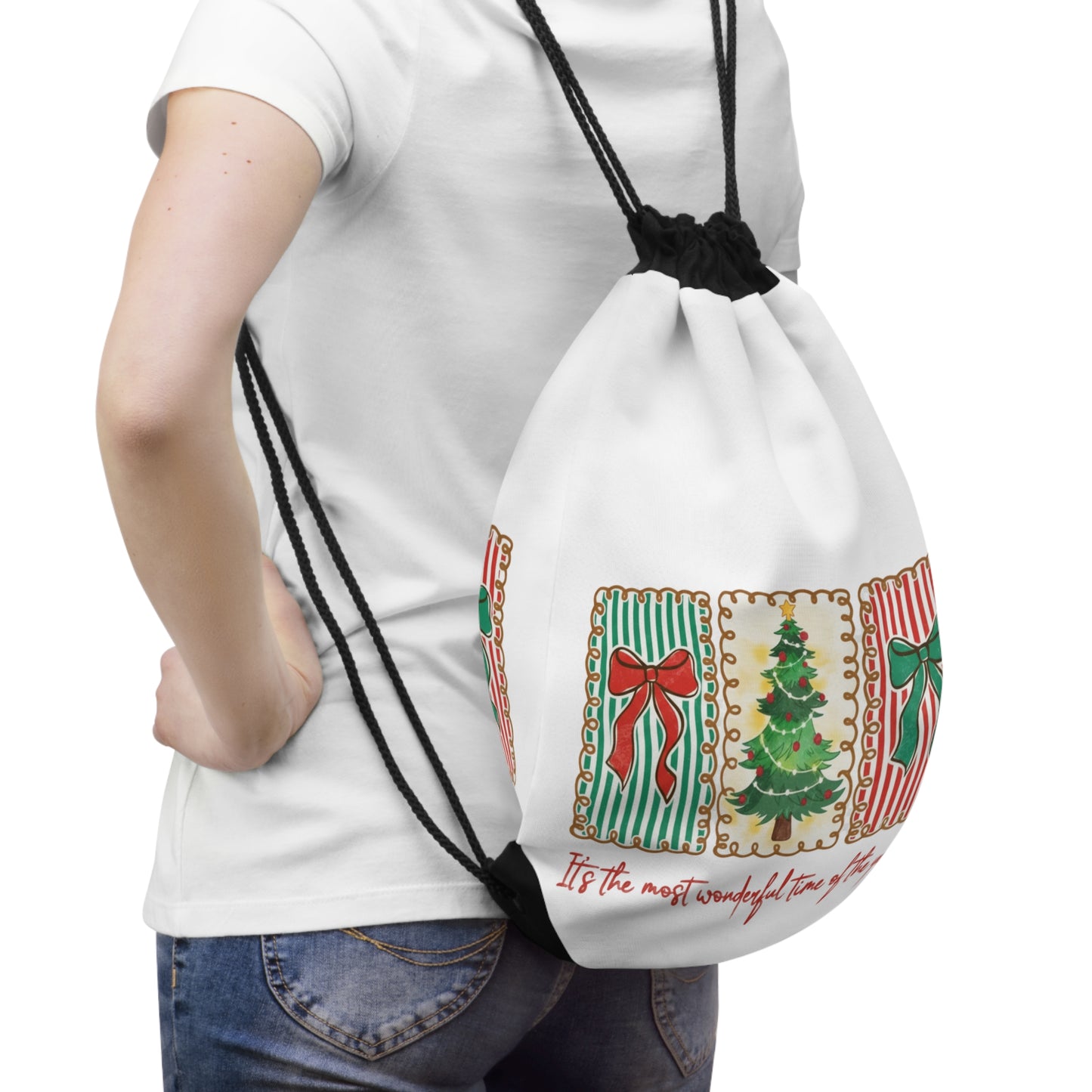 Festive Christmas Tree & Bow Design | It’s the Most Wonderful Time of the Year – Holiday Shirt, Mug, Tote & Home Decor Drawstring Bags
