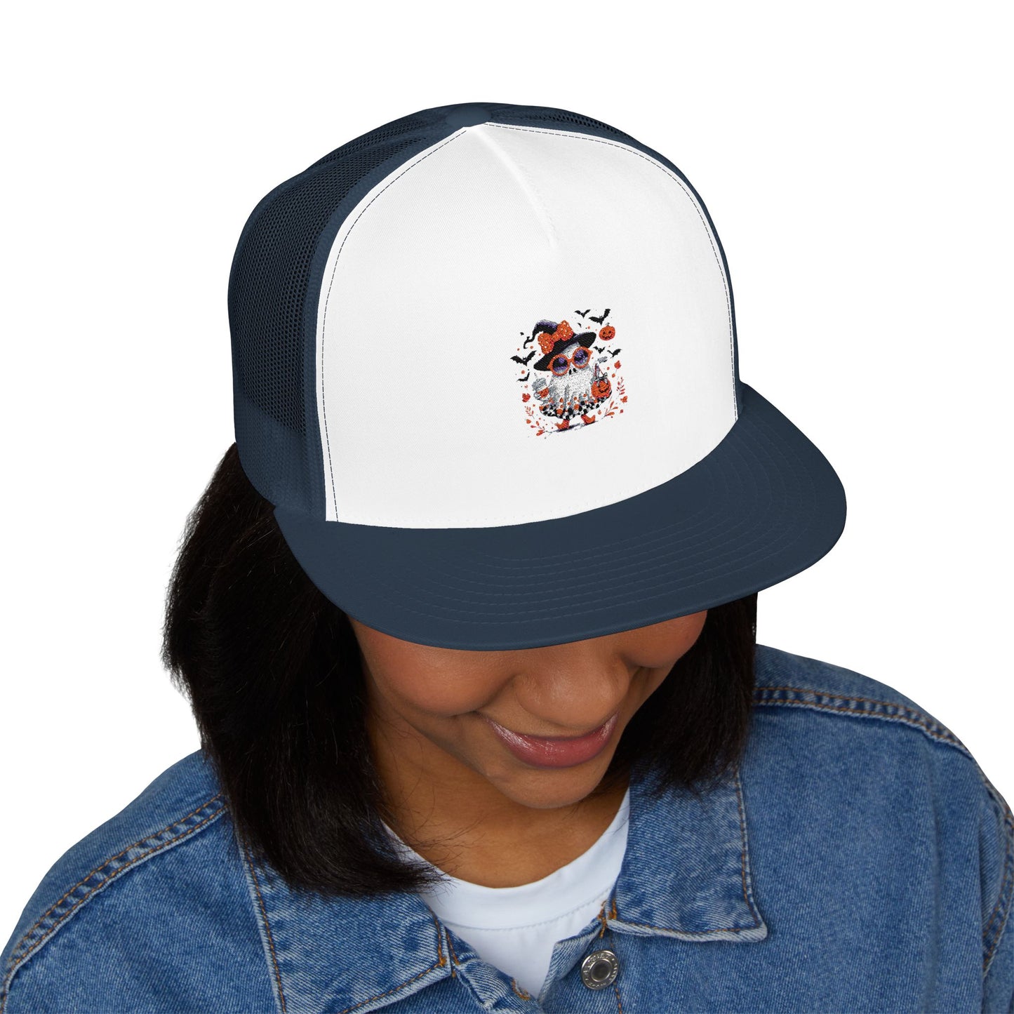 Cute Halloween Ghost T-Shirt | Trendy Witch Ghost Outfit | Spooky Fall Shirt for Women | Pumpkin Aesthetic Halloween Apparel Gift 5 Panel Trucker
