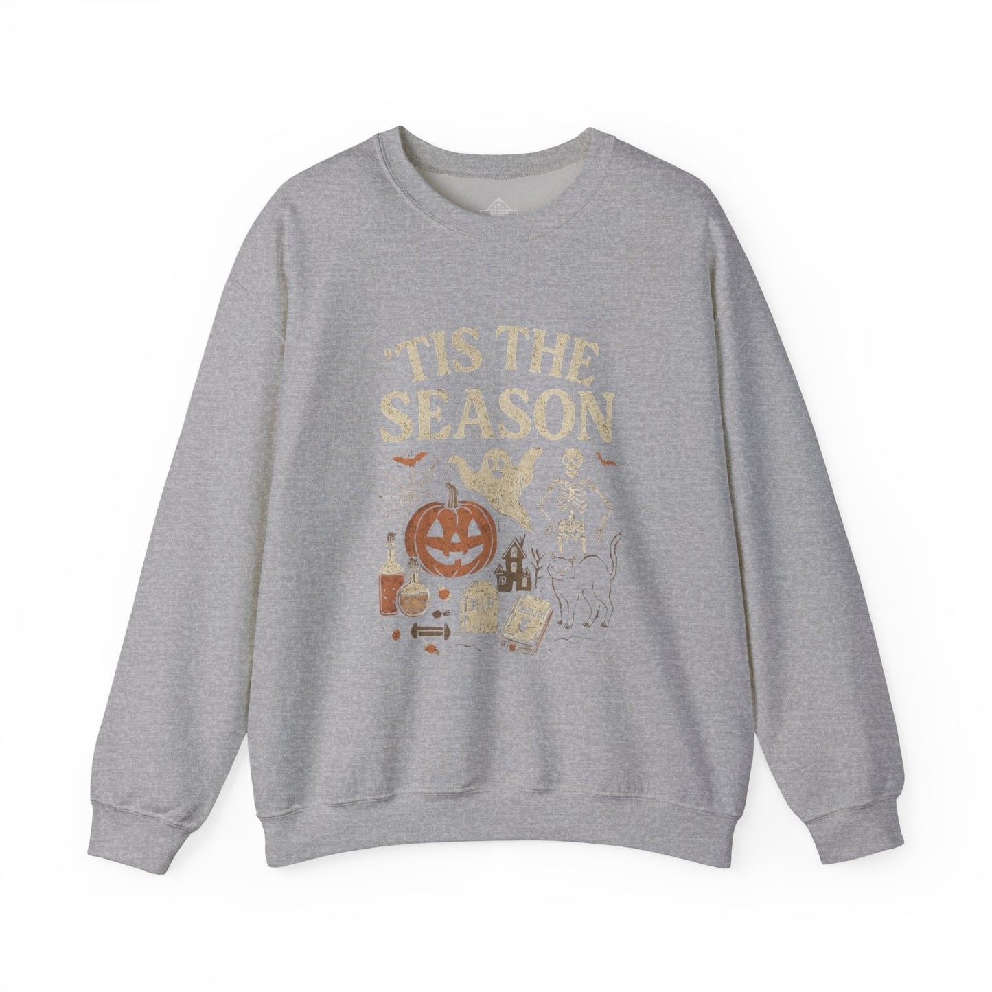 ‘Tis the Season Halloween T‑Shirt | Vintage Spooky Season Shirt with Ghost, Skeleton & Pumpkin | Retro Halloween Graphic Tee for Fall