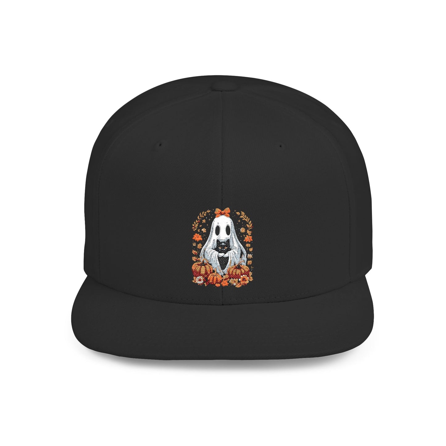 Cute Ghost and Black Cat Halloween T-Shirt | Cozy Fall Pumpkin Shirt | Spooky Season Aesthetic Apparel Gift for Halloween Lovers Snapback Cap
