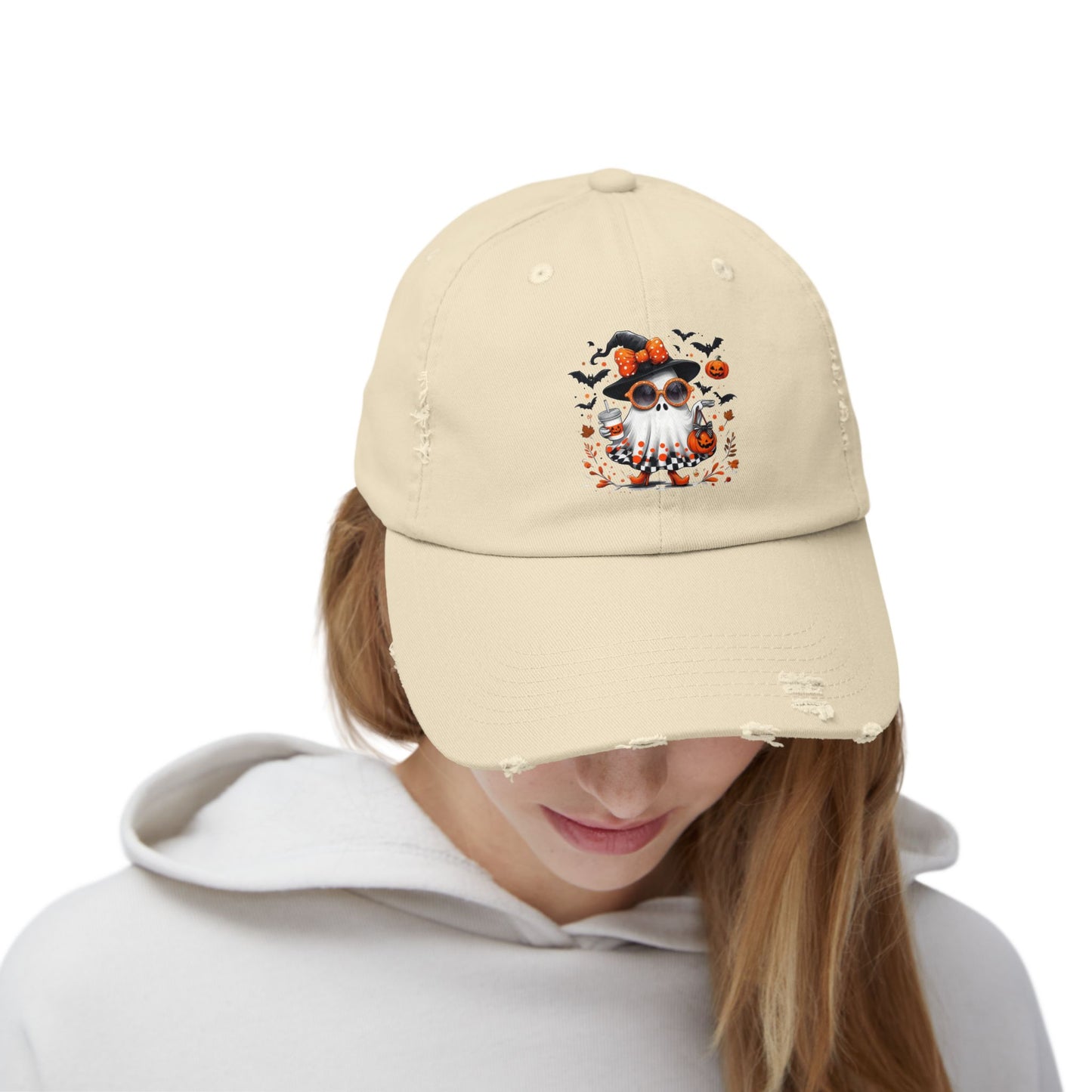 Cute Halloween Ghost  | Trendy Witch Ghost Outfit | Spooky Fall Shirt for Women | Pumpkin Aesthetic Halloween Apparel Gift Distressed cap