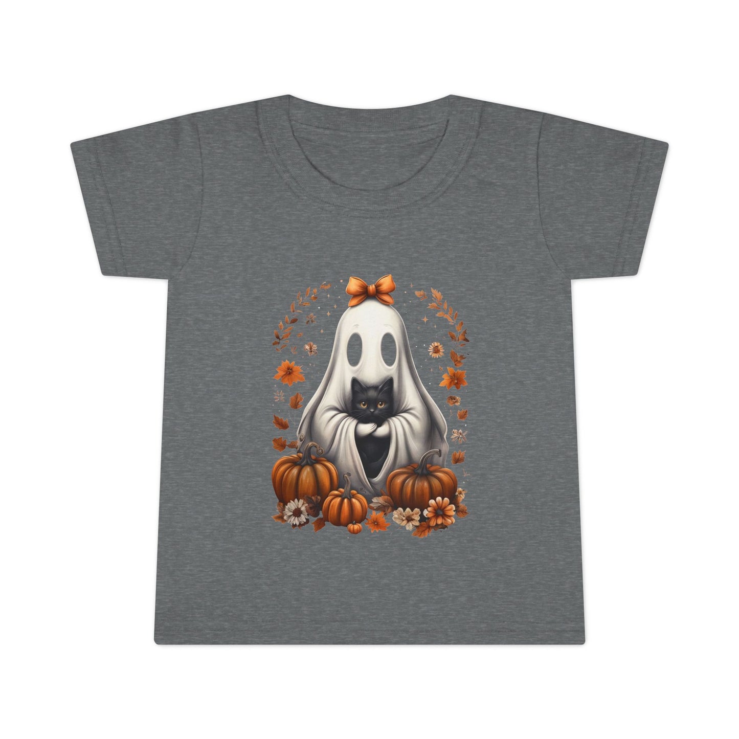 Cute Ghost and Black Cat Halloween T-Shirt | Cozy Fall Pumpkin Shirt | Spooky Season Aesthetic Apparel Gift for Halloween Lovers Toddler T-Shirt