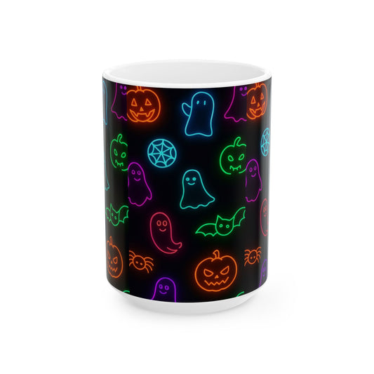 Neon Halloween Pattern | Cute Ghosts, Pumpkins & Bats Glow Design Ceramic Mug