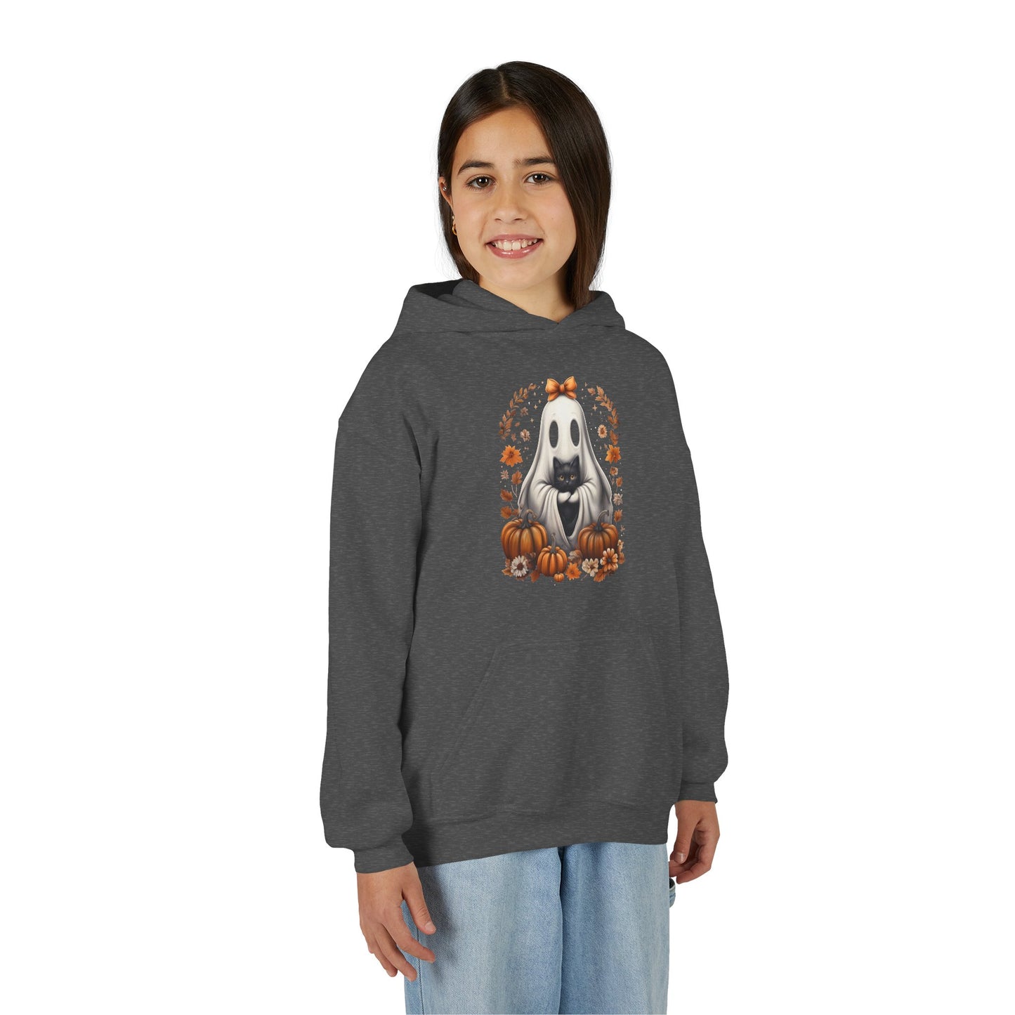Cute Ghost and Black Cat Halloween T-Shirt | Cozy Fall Pumpkin Shirt | Spooky Season Aesthetic Apparel Gift for Halloween Lovers Kids Hoodie
